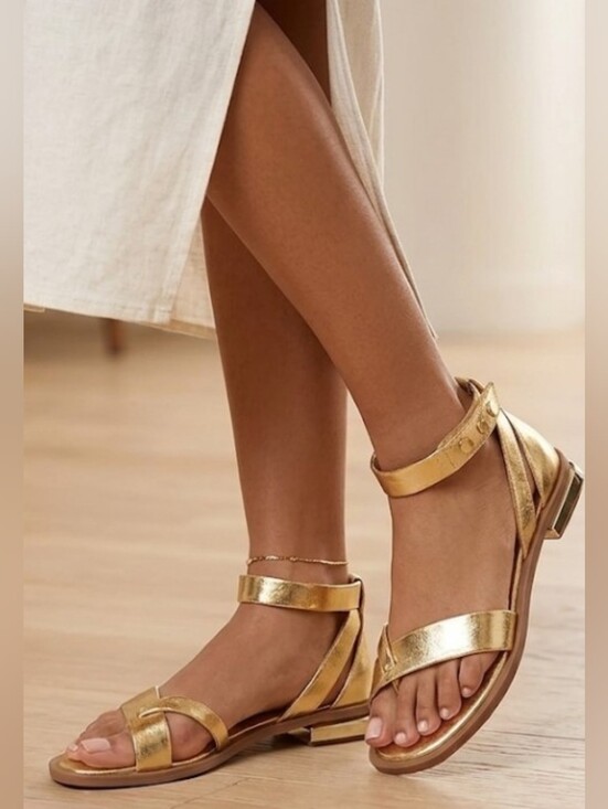 Franco Sarto Shoes - Franco Sarto Gold Metallic Parker Square Toe Flat Sandals Size 8.5M